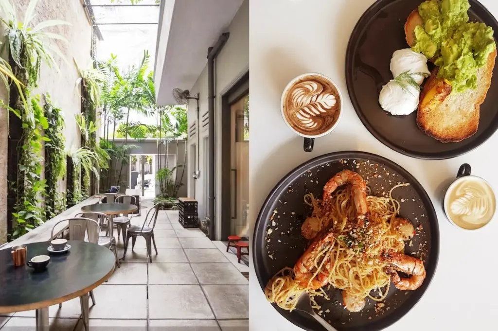 A split-view showing the minimalist outdoor courtyard seating at Punch cafe near Clarke Quay, Singapore, alongside a top-down view of brunch dishes including avocado toast with poached eggs, prawn pasta, and latte art coffee.