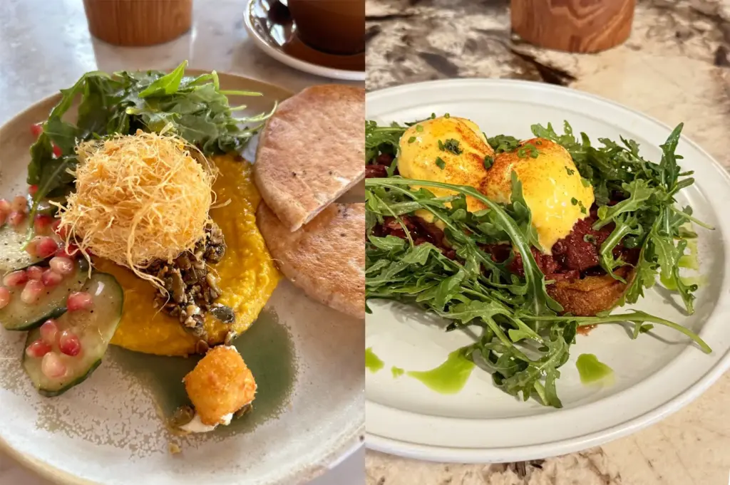 A selection of gourmet brunch dishes, featuring the signature Turkish Common Man Breakfast and the Eggs Benedict, topped with two poached eggs with bacon on a piece toast, served at Common Man Coffee Roasters in Joo Chiat Road.