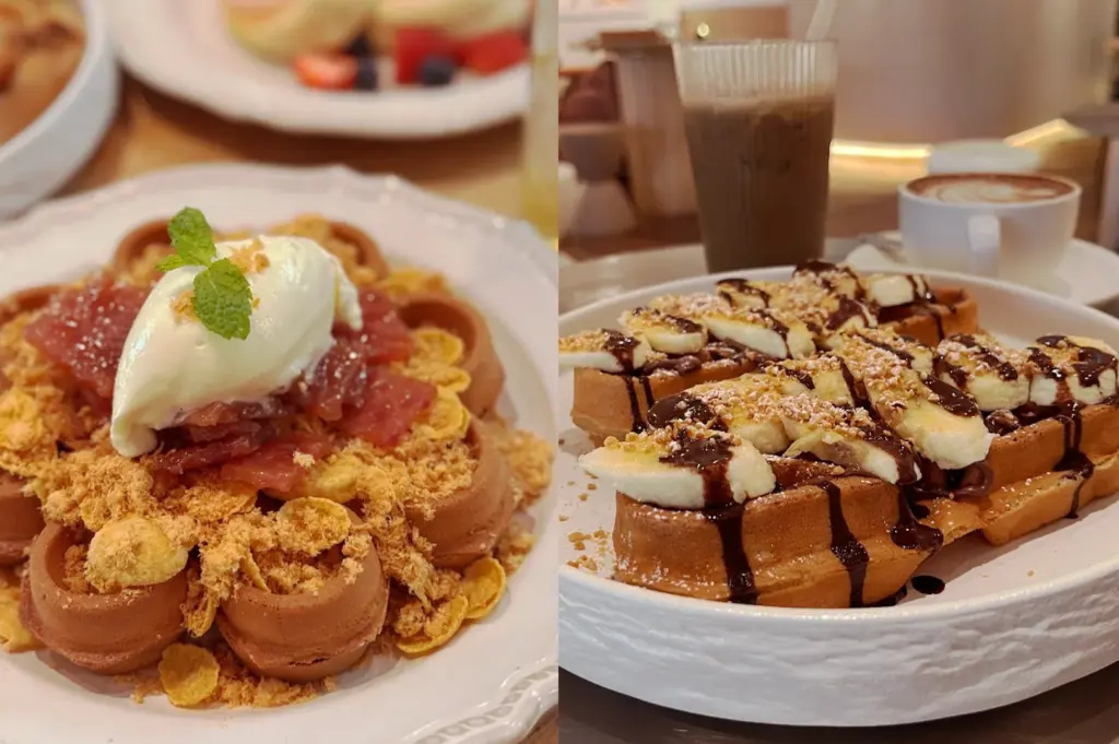 A split view image, featuring a close-up of delicious brunch items at The Coffee Code Singapore, including the signature waffles, chicken floss and Bak Kwa waffle on the left, and the Banana Crush waffle, alongside specialty coffee drinks on the right.