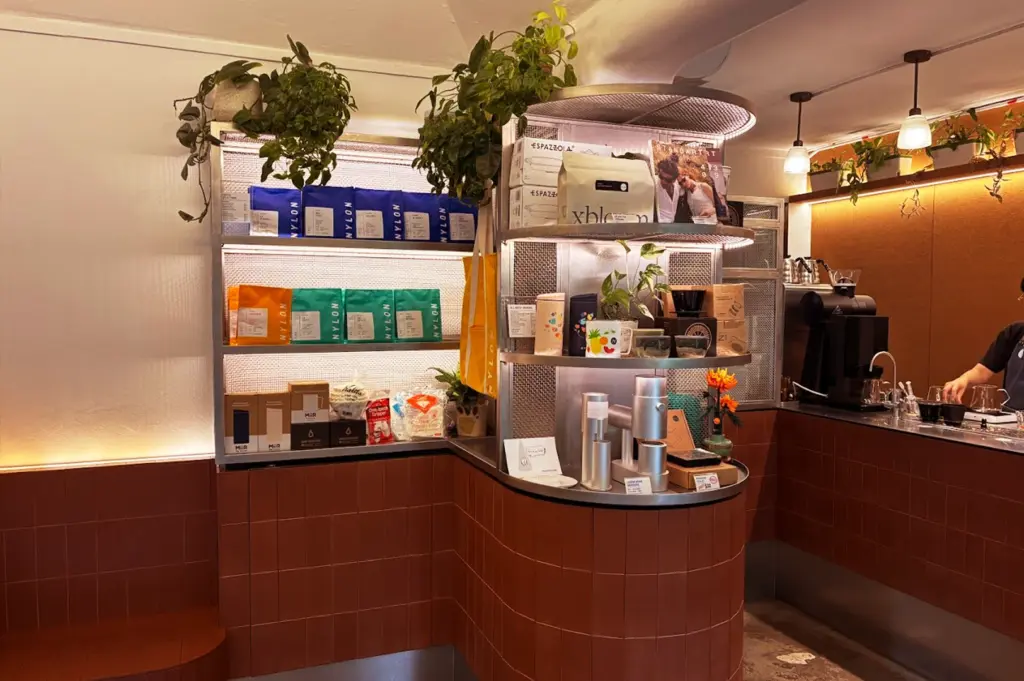 Shelves filled with nylon branded coffee bean bags and brewing accessories at Nylon Coffee Roasters, showcasing their specialty retail selection in Everton Park.