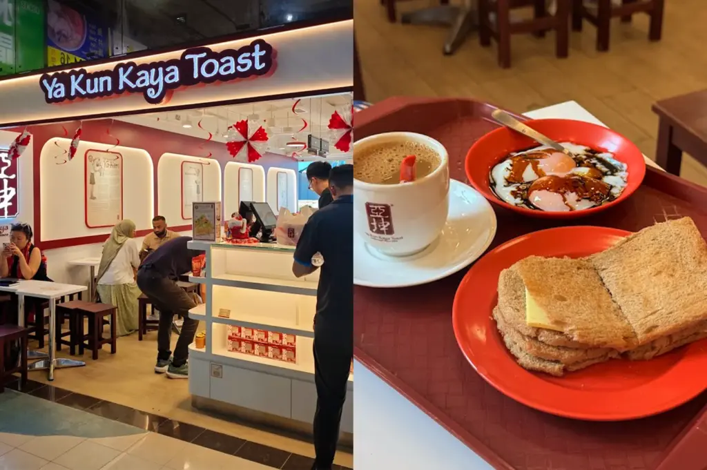 A split-view image featuring the interior and service counter of the Ya Kun Kaya Toast outlet in Fortune Centre on the left, and a close-up of a classic Singaporean breakfast set with kaya toast, soft-boiled eggs, and a cup of hot coffee on a red tray on the right.
