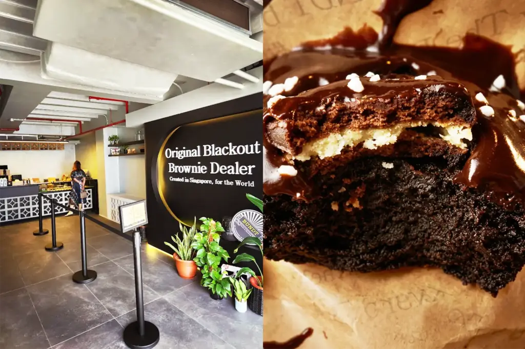 Interior of BUNDT by The Backyard Bakers, a sweet cafe near Clarke Quay, Singapore, featuring their 'Original Blackout Brownie Dealer' signage, alongside a close-up of a decadent, chocolate-glazed brownie.