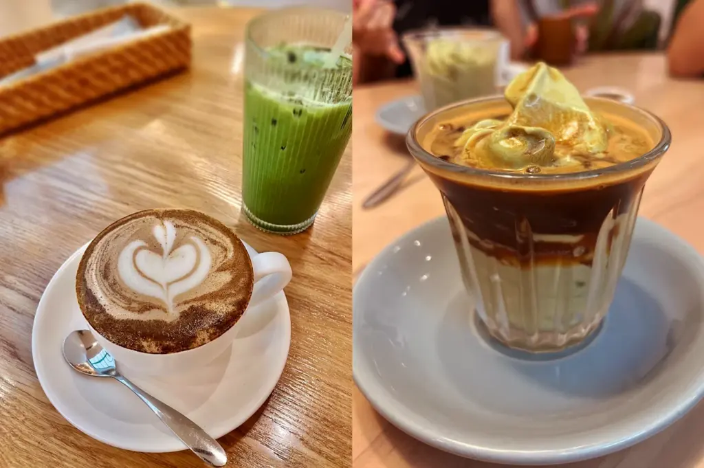 A split view image, highlighting the selection of artisanal beverages served at The Coffee Code Singapore, featuring the signature oat latte with heart-shaped foam art and matcha beverage on the left, and Hojicha soft serve affogatto on the right.