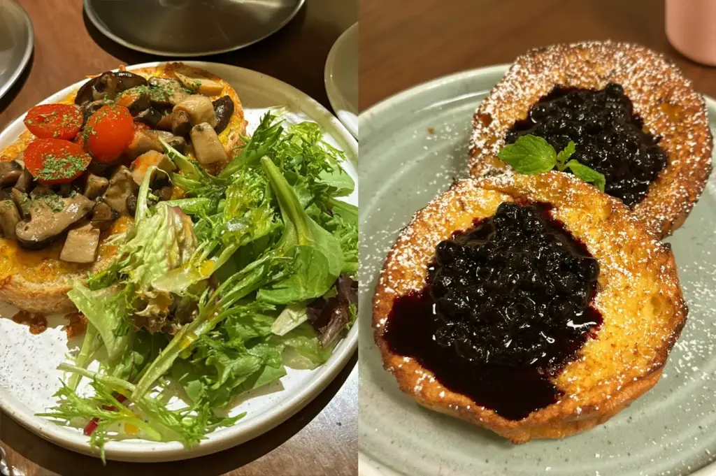 Photos of the freshly prepared breakfast plates at Acoustics Coffee Bar, featuring the signature Egg in a Hole with cherry tomatoes and roased mushrooms with truffle, and the Acoustics Fluffy Pancakes topped with berries.