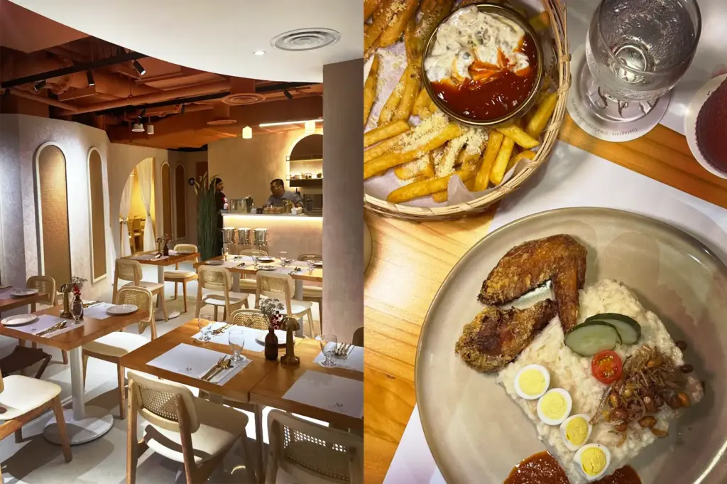 Interior view of Malayan Settlement cafe near Clarke Quay, featuring warm ambient lighting and elegant dining tables, paired with a top-down view of their specialty Nasi Lemak risotto favorite dish and a basket of fries.