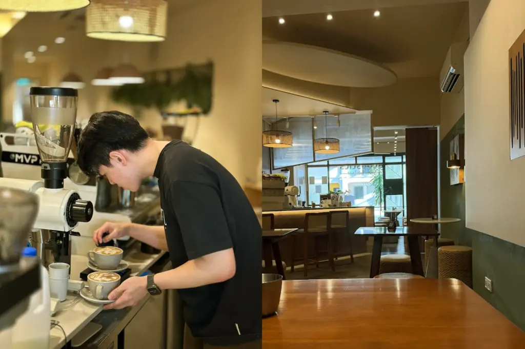 A barista preparing artisan coffee behind the counter, alongside a view of the warm, inviting cafe interior at Acoustics Coffee Bar.