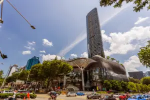 A vibrant street-level view of the iconic Orchard Road skyline in Singapore, showcasing modern skyscrapers and bustling city life, representing a premier destination for cafe hopping and to taste Orchard Road delicacies.