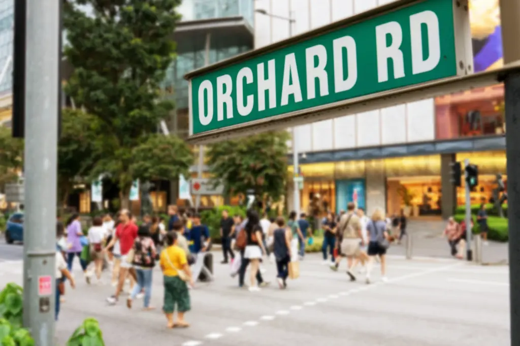 The street sign of Orchard road in the foreground, with a bustling, blurred crowd of shoppers crossing the street in the background of Singapore’s famous shopping district, a prime location for exploring top cafes.