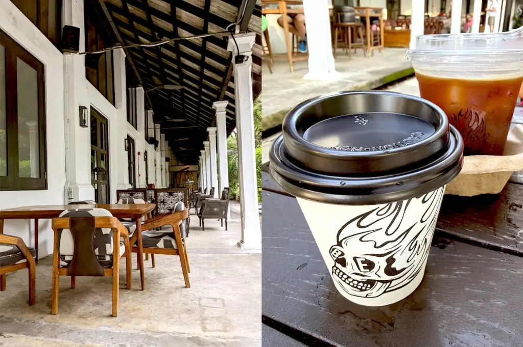 Outdoor seating area at Burnt Ends Bakery, highlighting the cafe’s aesthetic branding with a skull logo on a takeaway coffee cup next to an iced beverage.