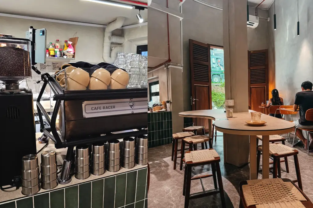 Interior view of Kyuukei Coffee Maxwell, showcasing a professional espresso machine and a warm, minimalist seating area, perfect for coffee lovers seeking a quiet spot in Singapore.