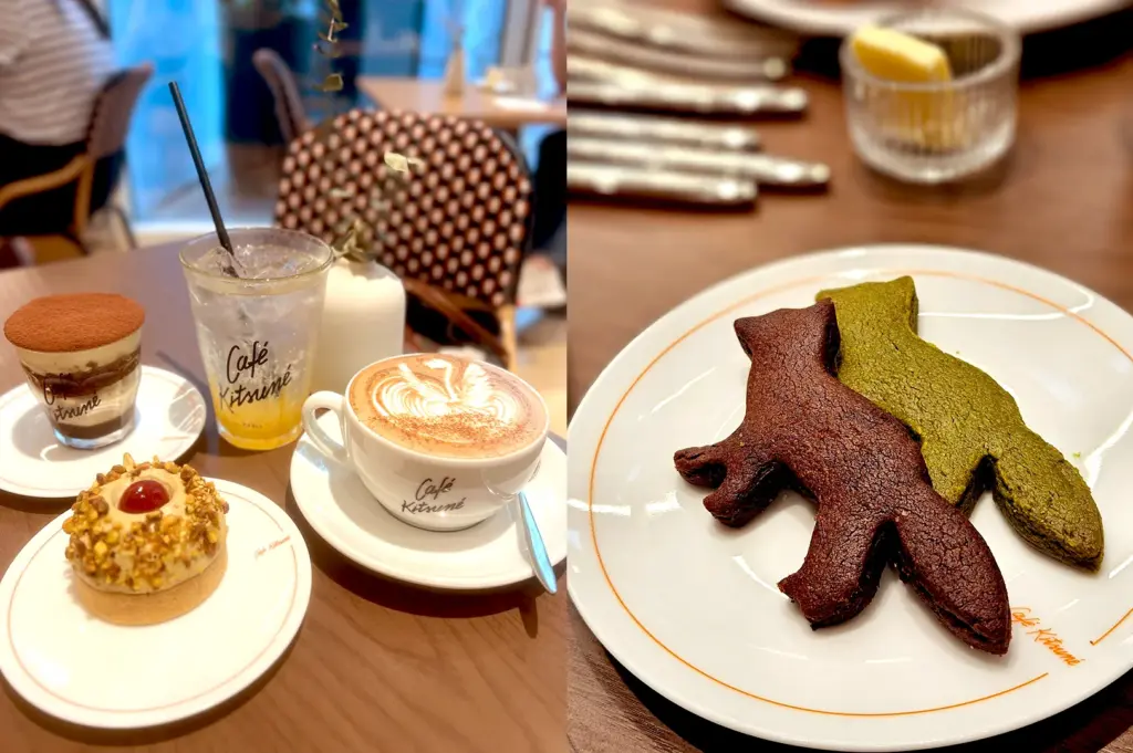 A delicious spread of gourmet pastries, signature fox-shaped cookies, and specialty drinks on the table at Café Kitsuné, showcasing their premium cafe menu.
