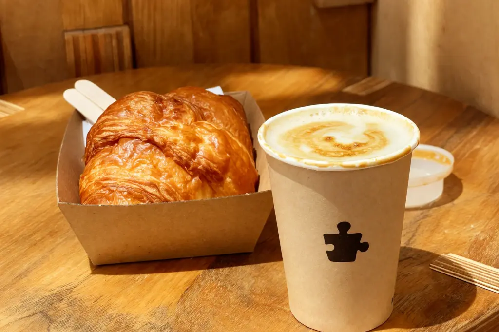 A rustic, cozy table setting at Puzzle Coffee featuring a warm cup of coffee next to a flaky, golden-brown croissant served in a sustainable paper tray.