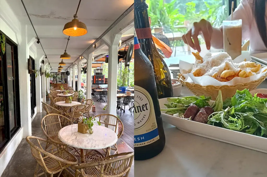 The rustic, nature-filled interior and outdoor patio seating at The Coastal Settlement, a pet-friendly restaurant surrounded by greenery, featuring gourmet food and drink options.