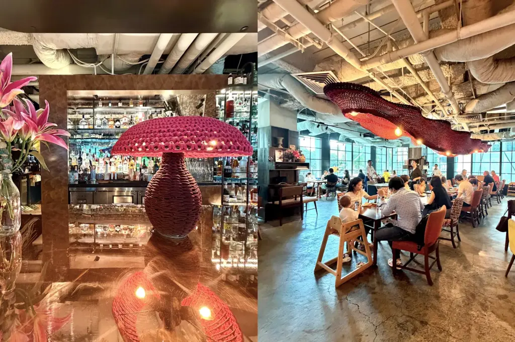Vibrant interior details of Wild Honey at Mandarin Gallery, including a unique pink crocheted lamp at the bar and a spacious, busy dining area filled during the morning with brunch diners.