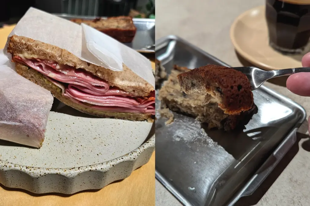 Delicious café food at Kyuukei Coffee, including a gourmet pesto sandwich and banana bread on a silver tray, showcasing the tasty snacks available at this Maxwell coffee spot.