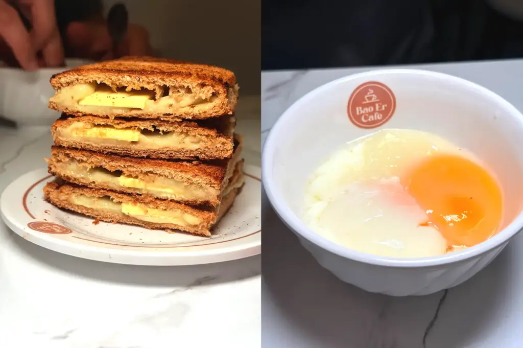 Traditional Singaporean breakfast of kaya butter toast and soft-boiled eggs served at Bao Er Cafe.