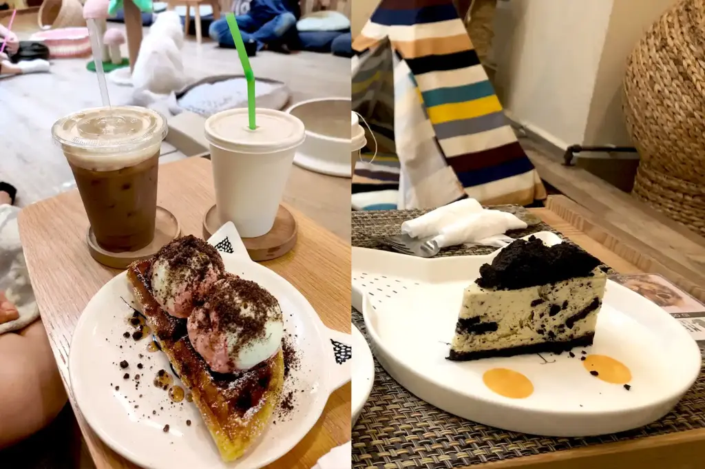 Sweet treats including ice cream waffles and Oreo cheesecake served on cat-shaped plates at Meomi Cat Cafe.