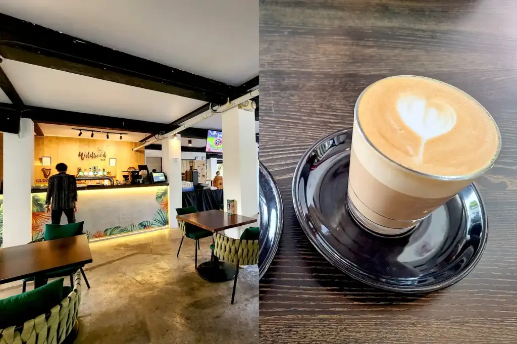 A split view featuring the interior bar counter of Wildseed Bar with warm lighting on the left, and a freshly brewed latte with heart latte art in a black cup on the right.
