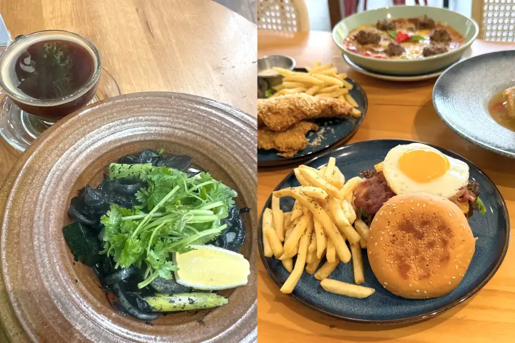Split-view image featuring black squid ink pasta with fresh herbs on the left, and a spread of burgers, fries, and meatballs on the right at The Garden Slug.