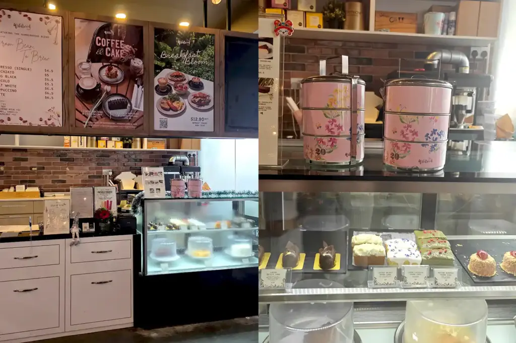 A split view displaying the cafe counter with promotional menus and a pastry display case on the left, and pink tiered tiffin carriers next to delicious cakes on the right.