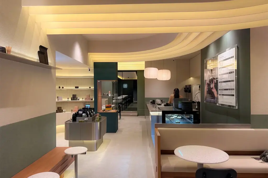 Matchaya Tiong Bahru interior with its modern style design lit by warm lights above.